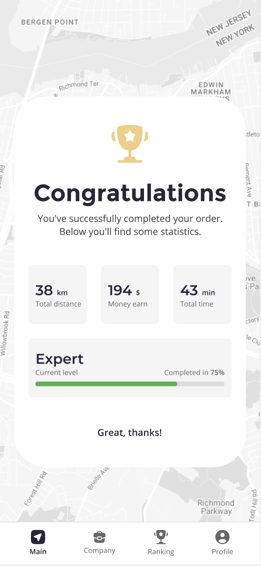 Trip complete screen showing distance and earnings