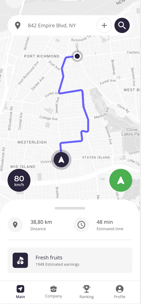 GeoSpedition navigation screen showing a route and earnings